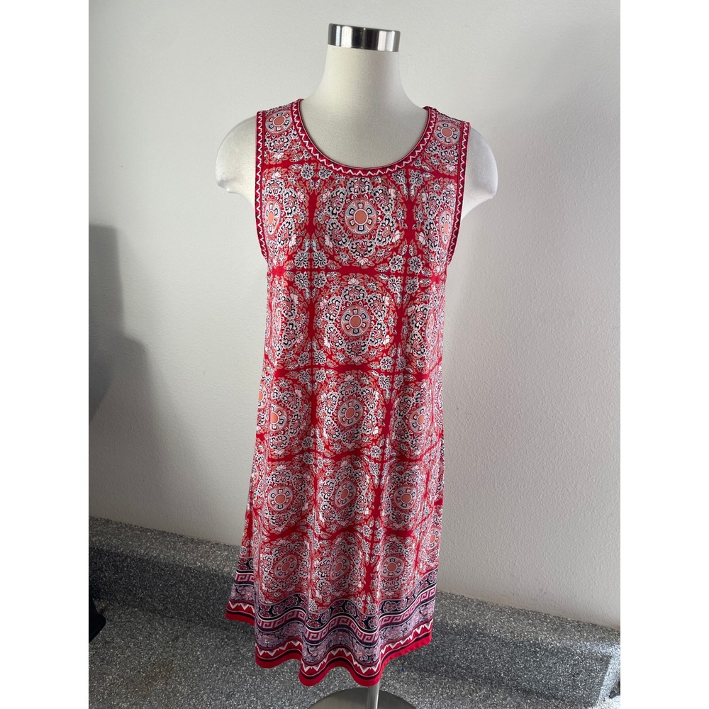 Max Studio Womens Large Red White Medallion Print Sleeveless Shift Dress